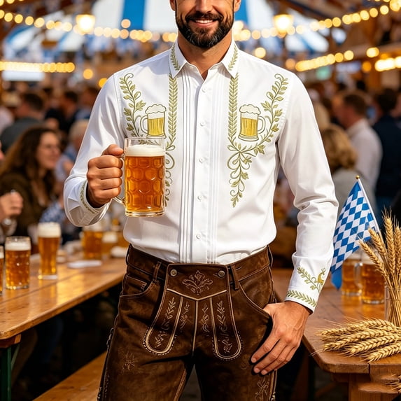 Yusimy Men's Oktoberfest Shirt, Vertical Pleats Turn-Down Collar Buttons, Long Sleeve German Party Style Top for Festival
