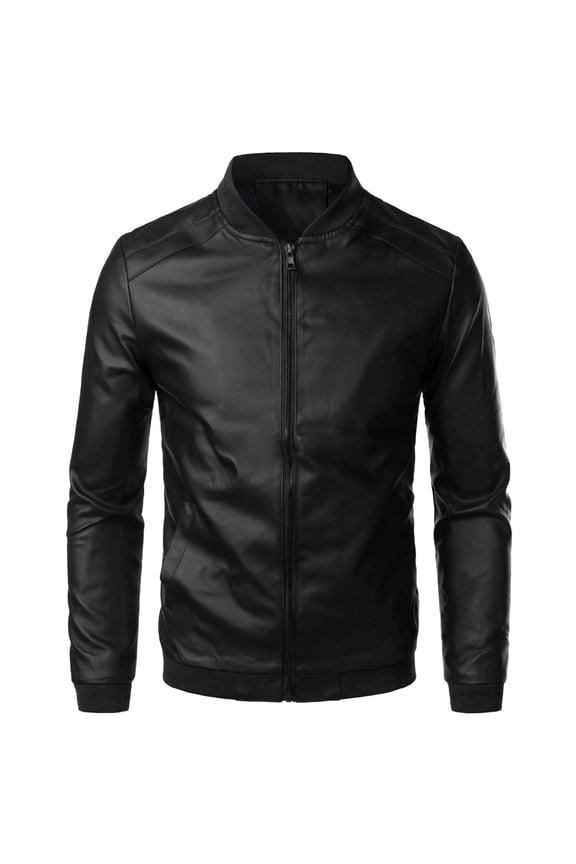 Men's PU Leather Jacket Solid Color Long Sleeve Fashionable Biker Coat Modern Stylish Outerwear Contemporary Leather Jacket