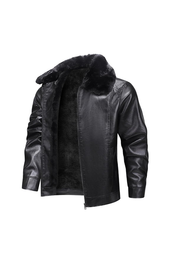 Men's PU Leather Jacket Zip-Front Cardigan Turn-Down Collar Fleece-Lined Solid Color Long Sleeve Casual Warm Style