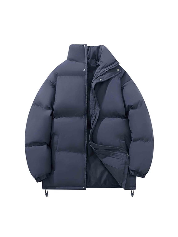 Men's Padded Coat Solid Color Casual Warm Long Sleeve Puffer Jacket with Zipper Pockets & Button Closure Stand Collar Urban Streetwear