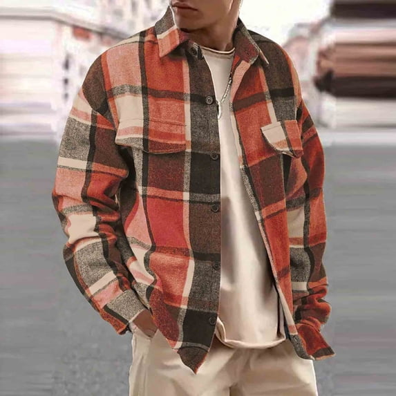 Yusimy Men's Plaid Flannel Long Sleeve Shirt Button-Down Collar Loose Fashionable Casual Shirt