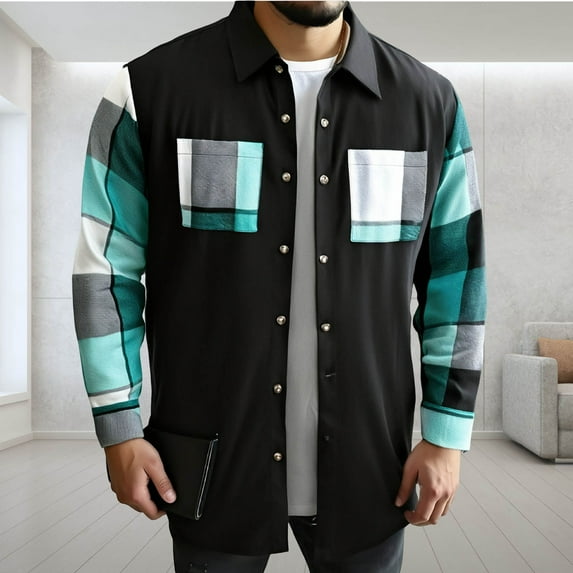 Yusimy Men's Plaid Shirt Jacket Long Sleeve Button-Up Collared Cardigan with Checkered Patchwork Retro Urban Classic Casual Style
