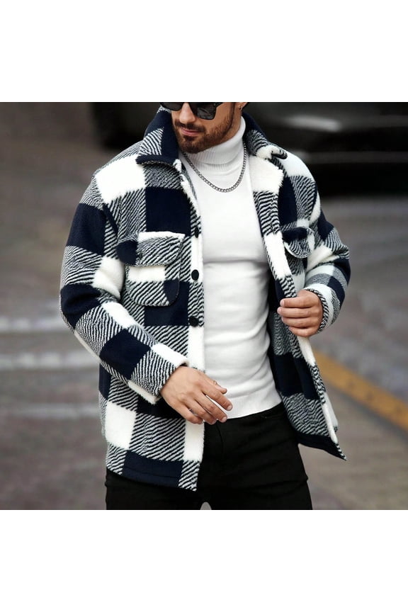 Men's Plaid Shirt Wool Fleece Lined Button-Down Collar Long Sleeve Casual Versatile Classic Style Flannel Shirt