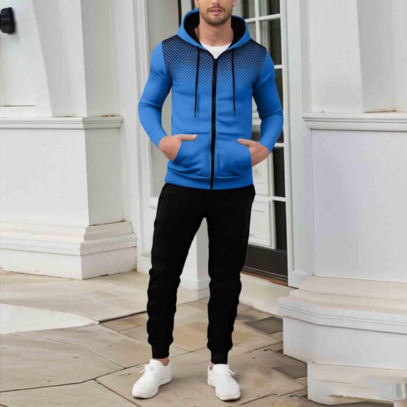 Yusimy Men's Polka Dot 2-Piece Hoodie Set Loose Athletic Zipper Pocket Drawstring Pants Long Sleeve Casual