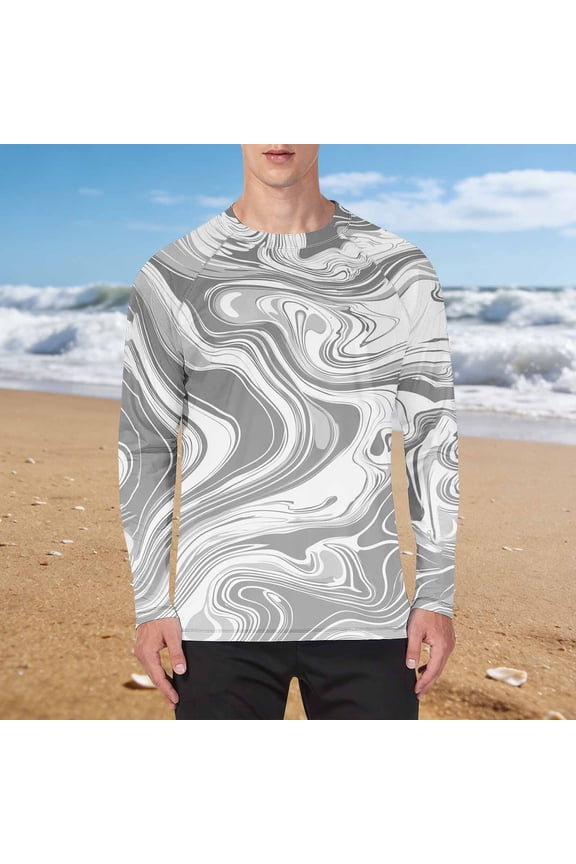 Men's Quick Dry Ice Silk Sun Protection Tee Water Ripple Pattern Raglan Long Sleeve Crew Neck Casual Top