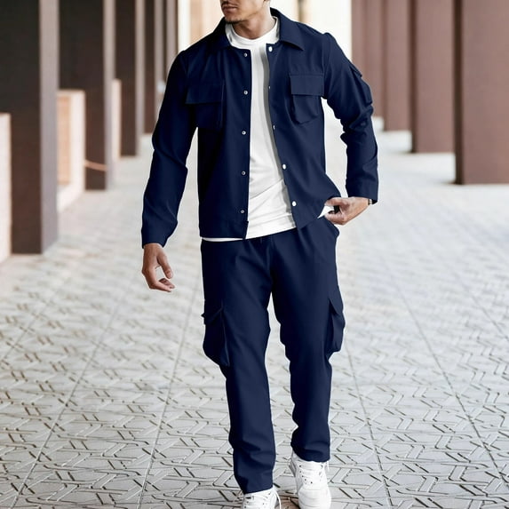 Yusimy Men's Regular Fit Solid Color 2-Piece Cargo Athletic Set Button-Down Collar Long Sleeve Elastic Waist Drawstring Pocket Pants