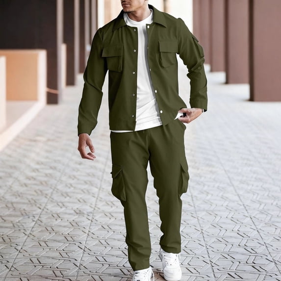 Yusimy Men's Regular Fit Solid Color 2-Piece Cargo Athletic Set Button-Down Collar Long Sleeve Elastic Waist Drawstring Pocket Pants