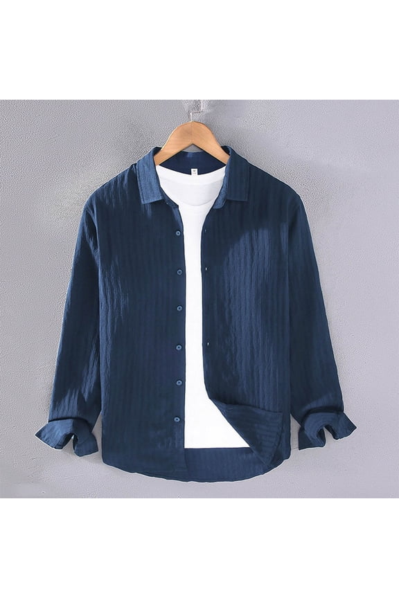 Men's Retro Jacquard Striped Solid Wrinkle Spread Collar Shirt - Long Sleeve Vintage Pattern Casual Retro Style for Gatherings Errands