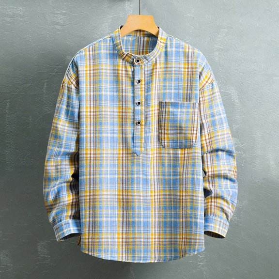 Yusimy Men's Retro Plaid Long Sleeve Shirt Stand-Up Collar Pocket Button-Front Casual Top