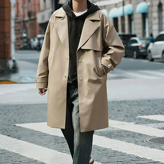 Yusimy Men's Slim Fit Mid-Length Trench Coat, Double Breasted Wool Blend Casual Overcoat, Solid Color Versatile Style