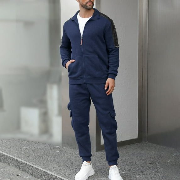 Yusimy Men's Solid Color 2-Piece Athletic Tracksuit Button-Down Collar Long Sleeve Zipper Pocket Sports Pants Casual