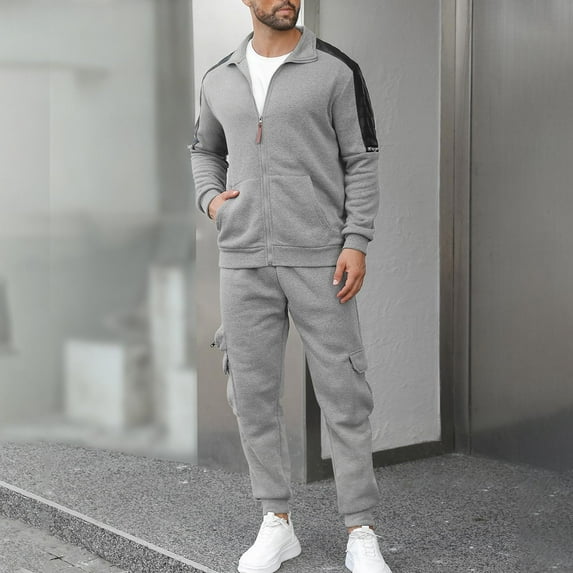 Yusimy Men's Solid Color 2-Piece Athletic Tracksuit Button-Down Collar Long Sleeve Zipper Pocket Sports Pants Casual