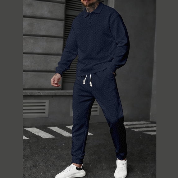Yusimy Men's Solid Color 2-Piece Button-Down Athletic Set Jacquard Loose Pocket Drawstring Pants Long Sleeve Casual