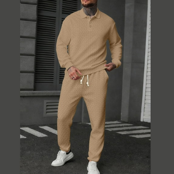 Yusimy Men's Solid Color 2-Piece Button-Down Athletic Set Jacquard Loose Pocket Drawstring Pants Long Sleeve Casual