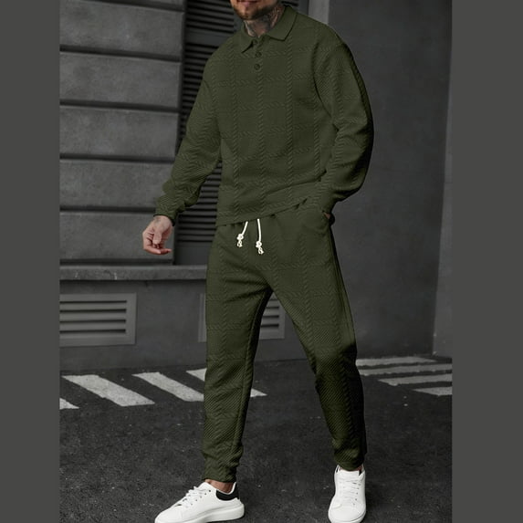 Yusimy Men's Solid Color 2-Piece Button-Down Athletic Set Jacquard Loose Pocket Drawstring Pants Long Sleeve Casual