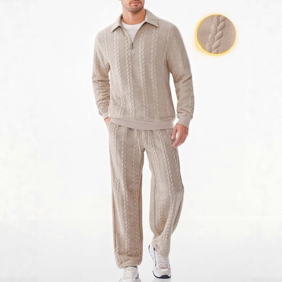 Yusimy Men's Solid Color 2-Piece Button-Down Hoodie Set Jacquard Loose Pullover Half-Zip Drawstring Pants Casual