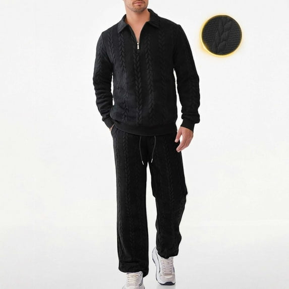 Yusimy Men's Solid Color 2-Piece Button-Down Hoodie Set Jacquard Loose Pullover Half-Zip Drawstring Pants Casual