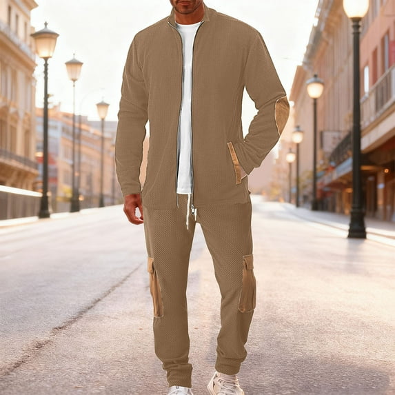 Yusimy Men's Solid Color 2-Piece Button-Down Zip-Up Set Long Sleeve Drawstring Pants Casual Sports