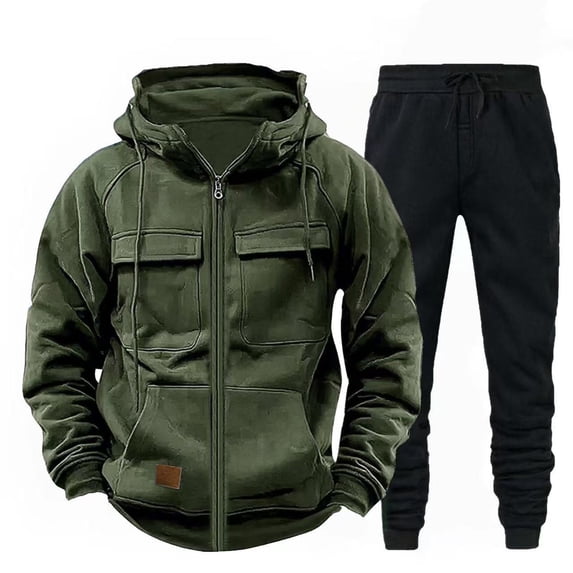 Yusimy Men's Solid Color 2-Piece Cargo Hoodie Set Zip-Up Cardigan Pullover Long Sleeve Pocket Casual