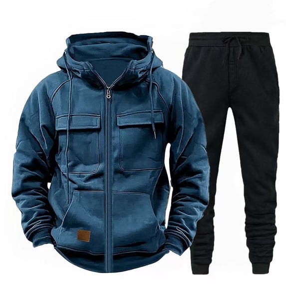 Yusimy Men's Solid Color 2-Piece Cargo Hoodie Set Zip-Up Cardigan Pullover Long Sleeve Pocket Casual
