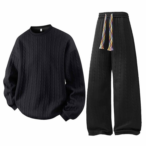 Yusimy Men's Solid Color 2-Piece Crew Neck Jacquard Set Long Sleeve Pocket Drawstring Pants Casual Minimalist