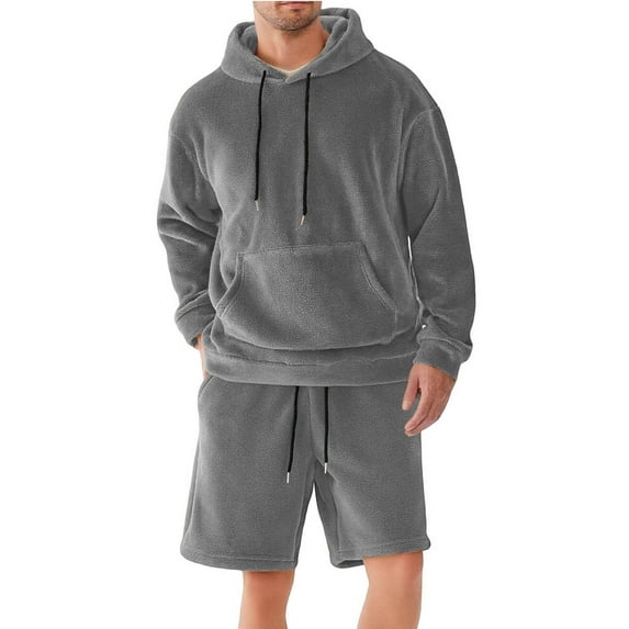 Yusimy Men's Solid Color 2-Piece Double-Fleece Hoodie Short Set Long Sleeve Elastic Waistband Drawstring Casual Warm