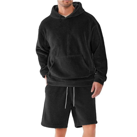Yusimy Men's Solid Color 2-Piece Double-Fleece Hoodie Short Set Long Sleeve Elastic Waistband Drawstring Casual Warm