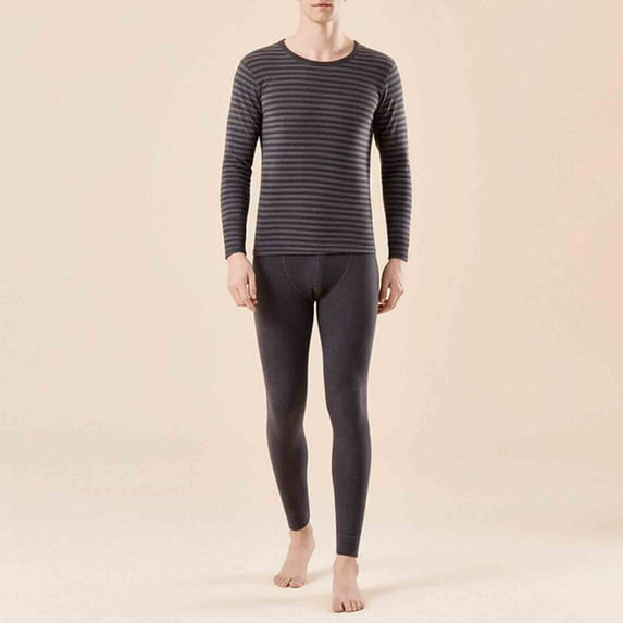 Yusimy Men's Solid Color 2-Piece Double-Sided Velvet Base Layer Set Stretchy Striped Long Sleeve Crew Neck Warm Thick
