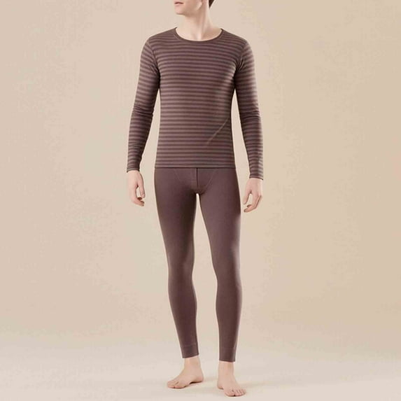 Yusimy Men's Solid Color 2-Piece Double-Sided Velvet Base Layer Set Stretchy Striped Long Sleeve Crew Neck Warm Thick