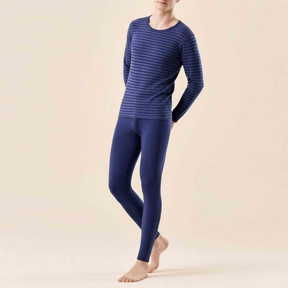 Yusimy Men's Solid Color 2-Piece Double-Sided Velvet Base Layer Set Stretchy Striped Long Sleeve Crew Neck Warm Thick