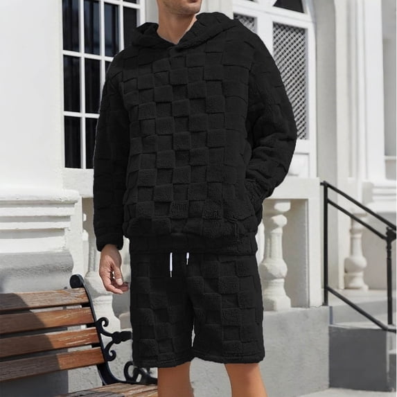 Yusimy Men's Solid Color 2-Piece Fuzzy Hoodie Short Set Long Sleeve Elastic Waistband Drawstring Casual Warm
