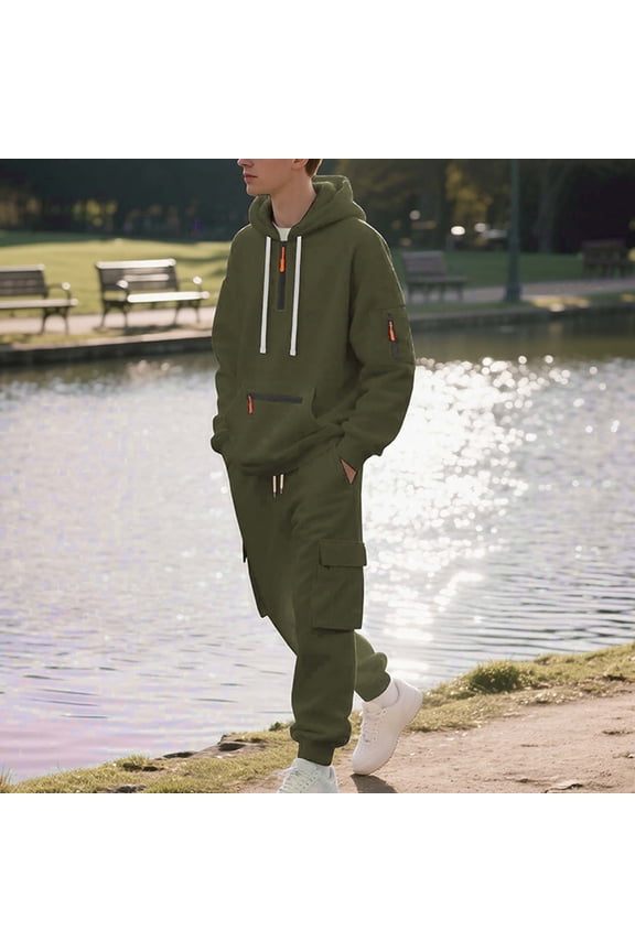 Men's Solid Color 2-Piece Hoodie Cargo Set Half-Zip Long Sleeve Zipper Pocket Fashion Casual Pants