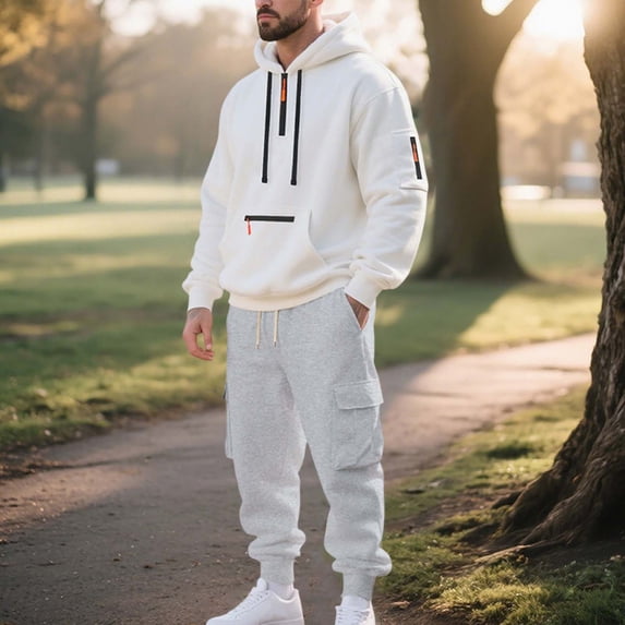 Yusimy Men's Solid Color 2-Piece Hoodie Cargo Set Half-Zip Zipper Pocket Shirt-Style Long Sleeve Casual Fashion