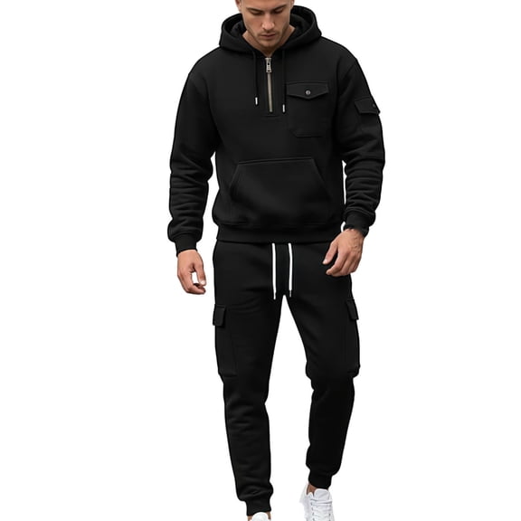 Yusimy Men's Solid Color 2-Piece Hoodie Cargo Set Long Sleeve Elastic Waist Drawstring Pocket Casual Sports