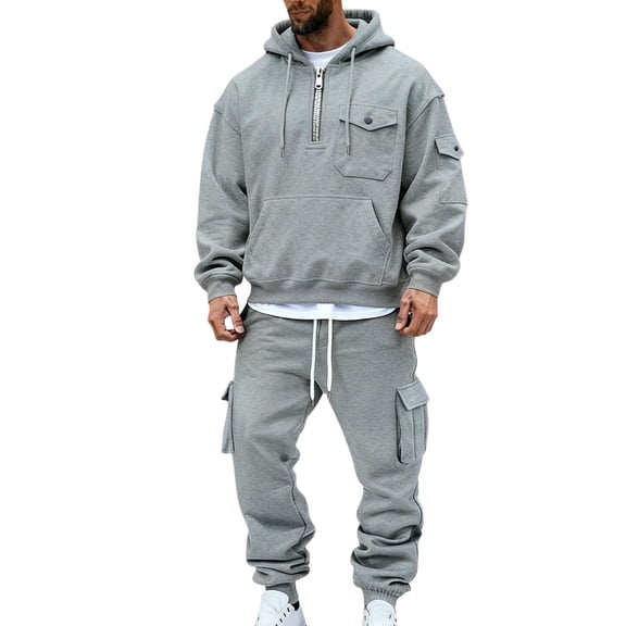 Yusimy Men's Solid Color 2-Piece Hoodie Cargo Set Long Sleeve Elastic Waist Drawstring Pocket Casual Sports