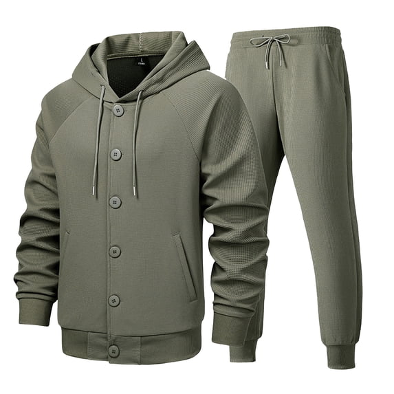 Yusimy Men's Solid Color 2-Piece Hoodie Set Button Pocket Drawstring Long Sleeve Pants Casual Sports