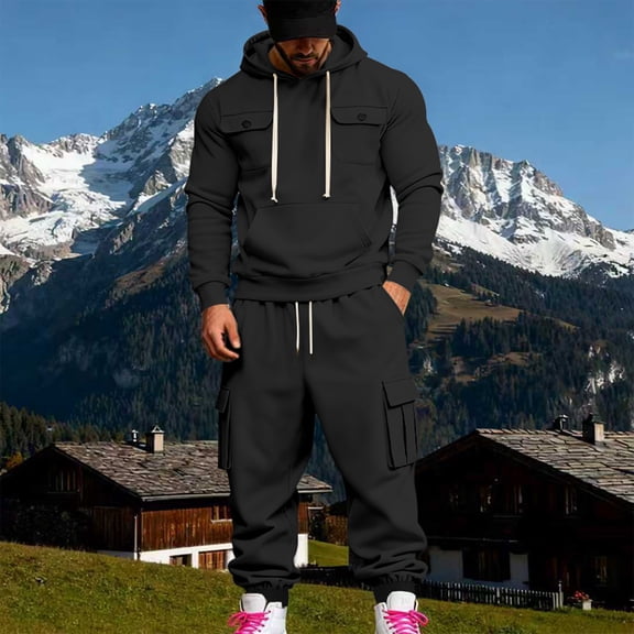 Yusimy Men's Solid Color 2-Piece Hoodie Set Button Pocket Drawstring Pants Long Sleeve Casual Sports