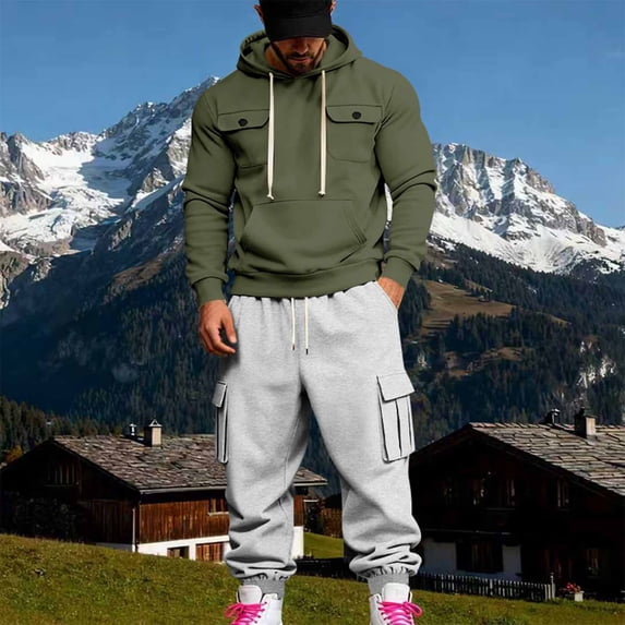 Yusimy Men's Solid Color 2-Piece Hoodie Set Button Pocket Drawstring Pants Long Sleeve Casual Sports
