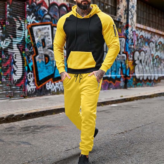 Yusimy Men's Solid Color 2-Piece Hoodie Set Raglan Sleeve Zipper Pocket Long Sleeve Pants Casual Sports