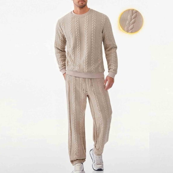 Yusimy Men's Solid Color 2-Piece Jacquard Athletic Set Loose Drawstring Pocket Pants Crew Neck Long Sleeve Casual