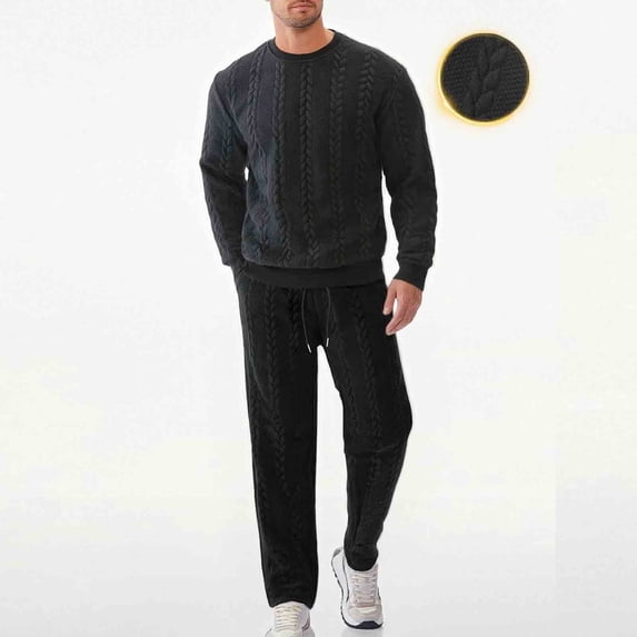 Yusimy Men's Solid Color 2-Piece Jacquard Athletic Set Loose Drawstring Pocket Pants Crew Neck Long Sleeve Casual