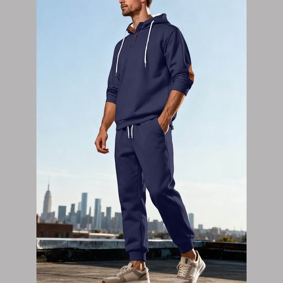 Yusimy Men's Solid Color 2-Piece Jacquard Hoodie Set Button Closure Drawstring Elastic Waist Pants Long Sleeve Casual
