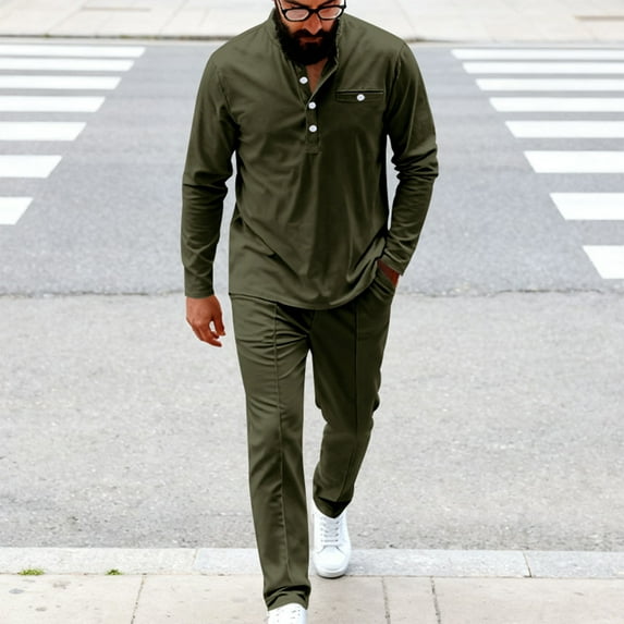 Yusimy Men's Solid Color 2-Piece Stand-Up Collar Athletic Set Crew Neck Button Long Sleeve Pocket Drawstring Pants