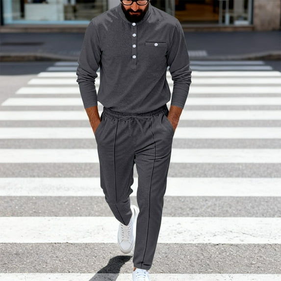 Yusimy Men's Solid Color 2-Piece Stand-Up Collar Athletic Set Crew Neck Button Long Sleeve Pocket Drawstring Pants