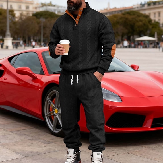 Yusimy Men's Solid Color 2-Piece Stand-Up Collar Hoodie Set Button Half-Cardigan Jogger Pants Long Sleeve Casual