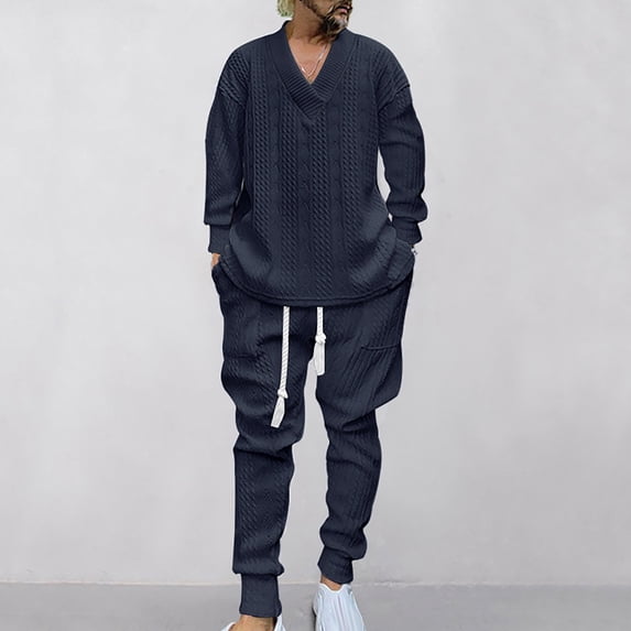 Yusimy Men's Solid Color 2-Piece V-Neck Jacquard Set Long Sleeve Drawstring Pants Casual Minimalist