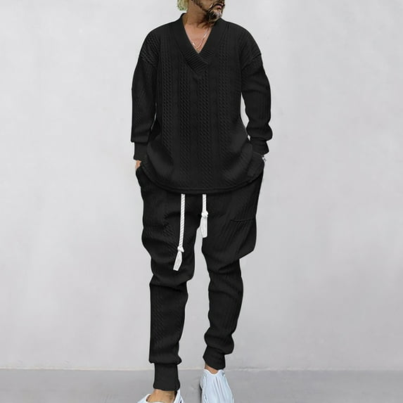 Yusimy Men's Solid Color 2-Piece V-Neck Jacquard Set Long Sleeve Drawstring Pants Casual Minimalist
