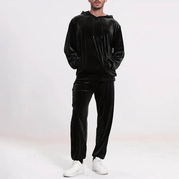 Yusimy Men's Solid Color 2-Piece Velvet Tracksuit Hoodie Long Sleeve Slim-Fit Jogger Pants Casual Fashion