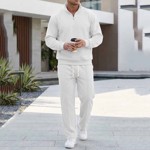 Yusimy Men's Solid Color 2-Piece Waffle Knit Athletic Set Stand-Up Collar Quarter-Zip Pocket Elastic Waist Drawstring Pants Casual