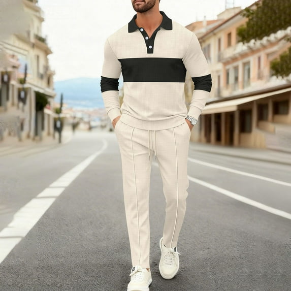 Yusimy Men's Solid Color 2-Piece Waffle Knit Cardigan Set Long Sleeve Elastic Waist Drawstring Straight Leg Pants Casual